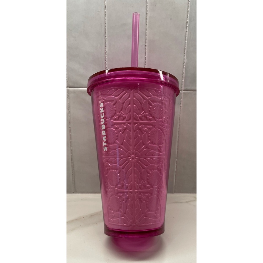 Starbucks Pink Crystal Embossed Flower Tumbler 16 Oz